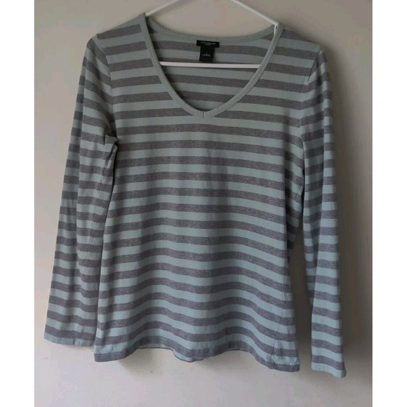 Ann Taylor Tops - Ann Taylor‎ Long Sleeve Mint Green/Gray Striped Shirt Size Medium V-neck Casual